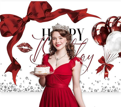Burgundy Bow Backdrop 8Wx6H Photography Girls Coquette Happy Birthday Decorations Lips Diamond Balloons Background Women Bachelorette Party Decorations Banner Photo Booth Props Supplies