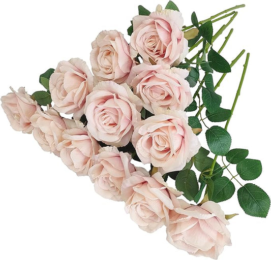 ATFL Silk Floral Pink Roses, 12 Pcs Fake Pink Flowers Fake Roses Artificial Flowers Bulk,Floral Diameter 4'', Artificial Fake Silk Rose with Stems for Wedding,Floral Diameter 4''(Fall Pink)