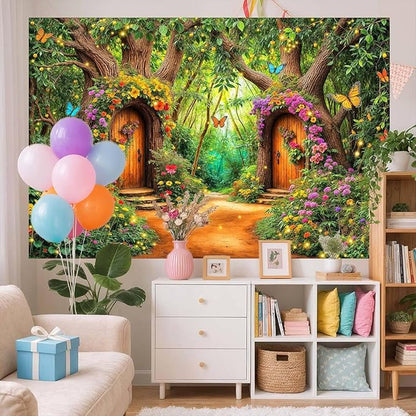 12X10ft Enchanted Forest Backdrop Fairy Tale Green Garden Wonderland Tree House Floral Butterfly Background for Kids Girl Baby Shower Birthday Party Decoration Banner Cake Table Photo Booth Props