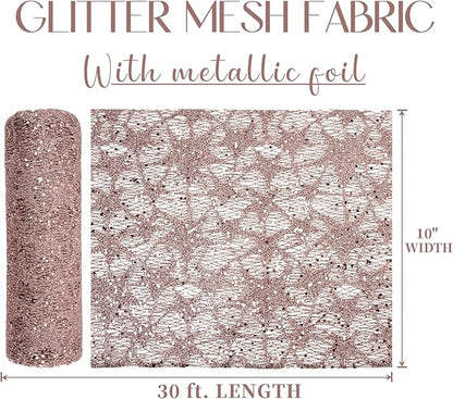 MEEDEE Rose Gold Glitter Mesh Star Web Ribbon 10 Inch Wide by 10 Yards Roll Rose Gold Fabric Ribbon Decorative Mesh Ribbon for Christmas Tree, Garland, Wreaths, Bows, Home Decor