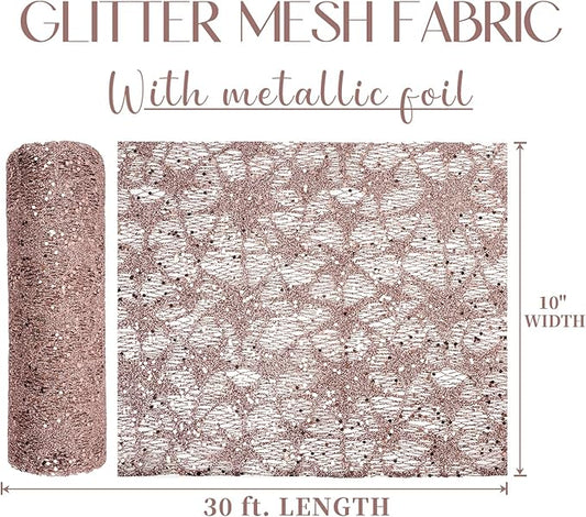MEEDEE Rose Gold Glitter Mesh Star Web Ribbon 10 Inch Wide by 10 Yards Roll Rose Gold Fabric Ribbon Decorative Mesh Ribbon for Christmas Tree, Garland, Wreaths, Bows, Home Decor