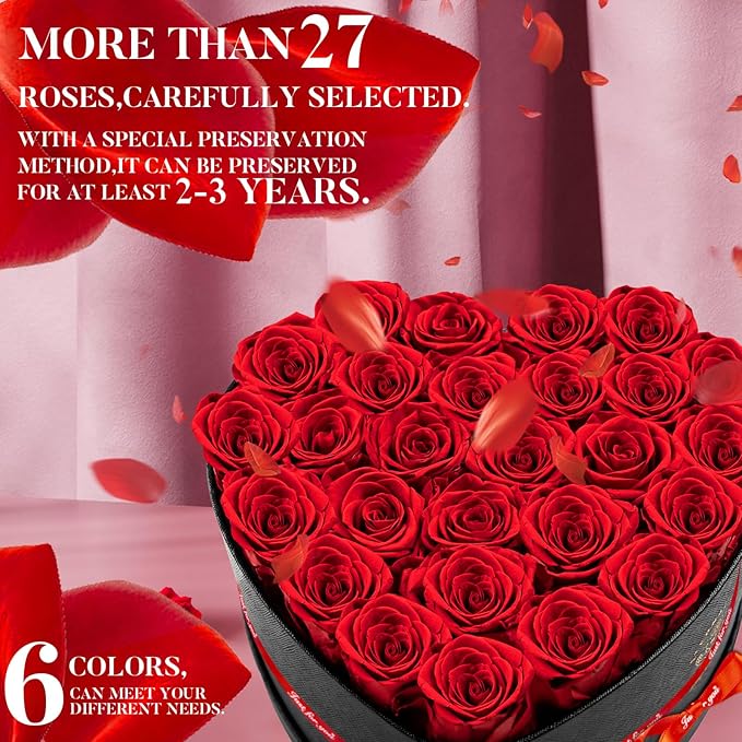 Preserved Rose in Heart Shape Box, 27 Forever Flowers, Eternal Roses, Birthday Gifts for Women, Wife, Her, Mother's Day -Red