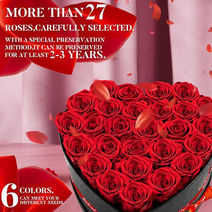 Preserved Rose in Heart Shape Box, 27 Forever Flowers, Eternal Roses, Birthday Gifts for Women, Wife, Her, Mother's Day -Red