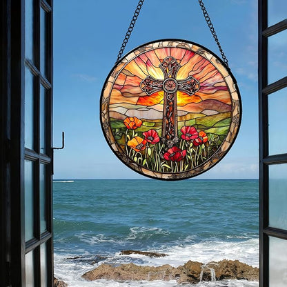 Christian Gifts for Women - Cross Stained Glass Window Hanging Jesus Easter Poppy Sunset Landscape Sun Catcher Garden Religion Decor Mother's Day Catholic Gift for Men Grandma Mom Her 11.8"
