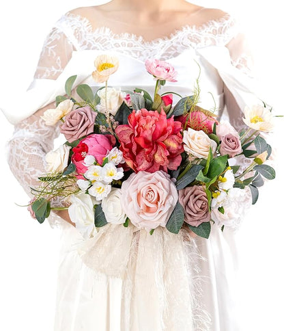 14 Inch Blush Wedding Bouquet for Bride,Spring Wedding Bouquet,hot pink Bridal Bouquets for Bride, for Wedding Ceremony Anniversary,Party and French Rustic Vintage Wedding,Artificial Flowers