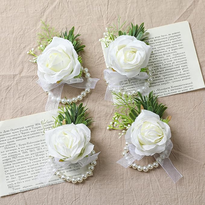 4pcs Wedding White Rose Wrist Flowers Artificial Rose Flowers for Ceremony Prom Party Accessories (4 Wrist Corsage White)