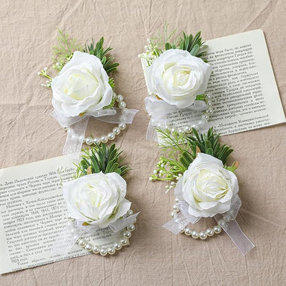 4pcs Wedding White Rose Wrist Flowers Artificial Rose Flowers for Ceremony Prom Party Accessories (4 Wrist Corsage White)