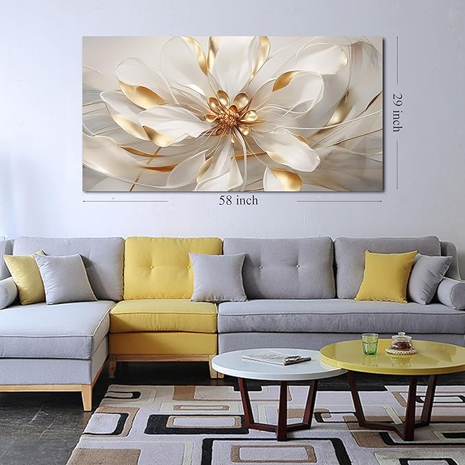 Flower Canvas Wall Art for Living Room Large Size White Wall Decor for Bedroom Girls Gold Wall Art for Office 29 x 58 Inches