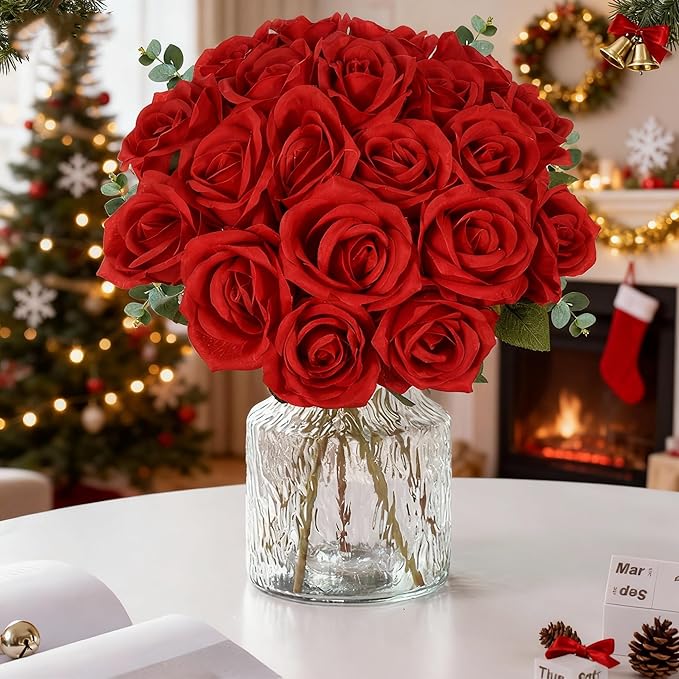 20PCS Artificial Roses with Long Stems - Realistic Silk Flowers, Fake Roses Real Touch Bouquet of Roses for Home Decor, Bridal Wedding Party Table Centerpieces, Bulk Faux Rose Flowers (Red)