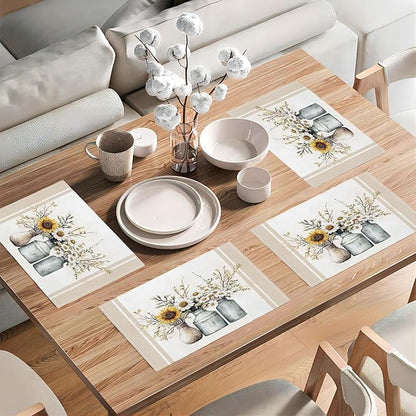 Farmhouse Sunflower Placemats Set of 4, Rustic Daisy Place Mats, Country Dining Table Mats, Washable Spring Placemats for Kitchen Dining Room Home Decor 18L'' × 12W''