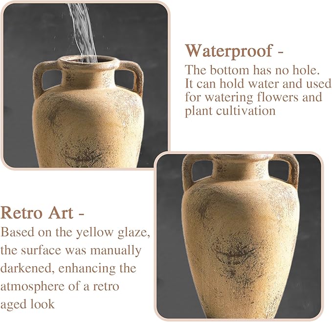 Rustic Vase for Flower, 8.85 inch Ceramic Vintage Vases with Handle, Tall Terracotta Christmas Farmhouse Vase for Home Decor, Living Room Shelf Decor, Enterway, Table, Lyeec