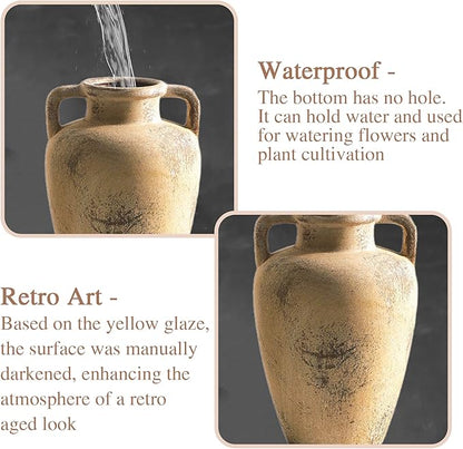 Rustic Vase for Flower, 8.85 inch Ceramic Vintage Vases with Handle, Tall Terracotta Christmas Farmhouse Vase for Home Decor, Living Room Shelf Decor, Enterway, Table, Lyeec