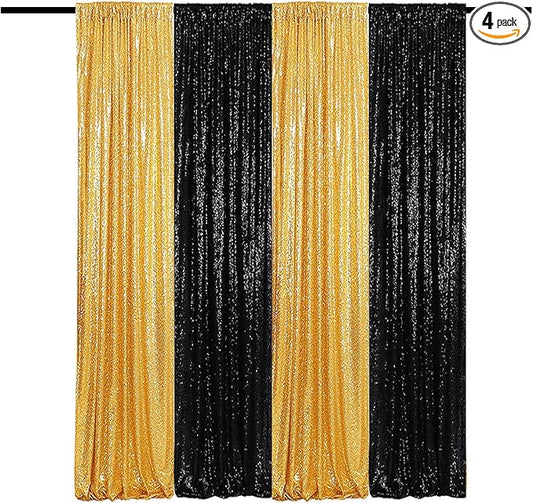 Black Gold Sequin Backdrop Curtain 4 Panels 2FTx8FT Glitter Background Drapes Sparkle Photography Backdrop for Party Wedding Birthday Wall Decoration