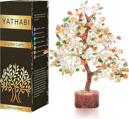 YATHABI Chakra Tree Sculpture - Mix Chakra Golden Wire Crystal Bonsai Tree - Positive Energy, Meditation Decor, Spiritual Gift
