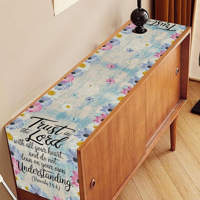 Daisy Flower Table Runner, Colorful Farmhouse Rustic Daisy Flower Print Linen Coffee Table Center Decor for Home Kitchen Dining Patio Holiday Party Indoor Outdoor Table Decorations 13x108 inch