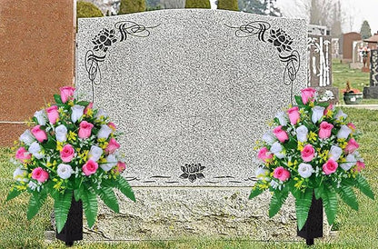 Artificial Cemetery Flowers, Gravesite Decoration Roses, Memorial Bouquets with Cemetery Vase, Vibrant and Long-Lasting Colors (Pink+White, 2 Bundles)