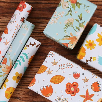 Aimyoo Floral Wrapping Paper Jumbo Roll 17 in x 60 ft, Blue Orange Flower Gift Wrap for Wedding Bridal Shower Birthday