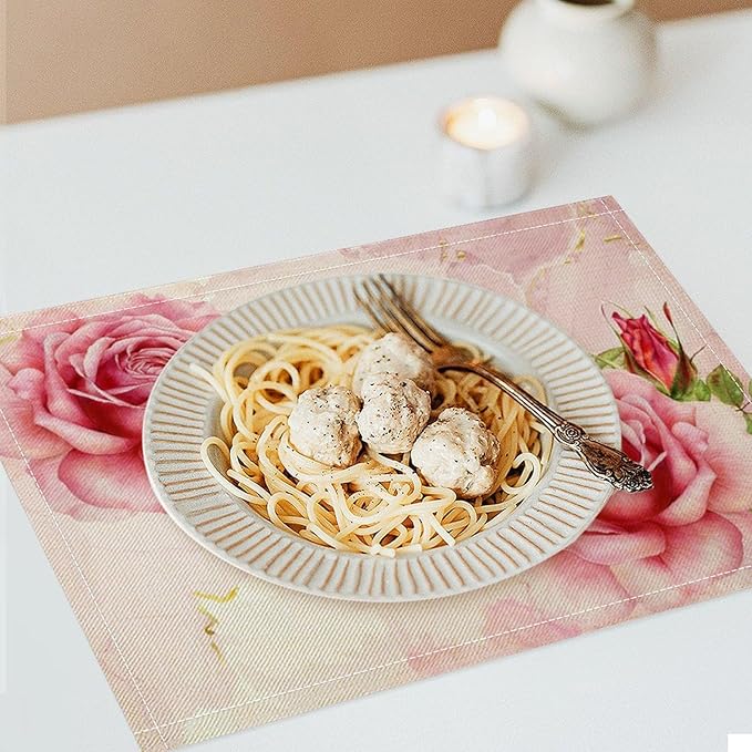 Pink Flower Placemats Set of 8, 17x12 Inch Romantic Watercolor Floral Rose Print Table Mats for Home Party Kitchen Dining Decor