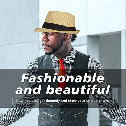 FADACHY Summer Straw Fedora Hat Short Brim Panama Sun Hat Trilby Beach Hat for Men & Women