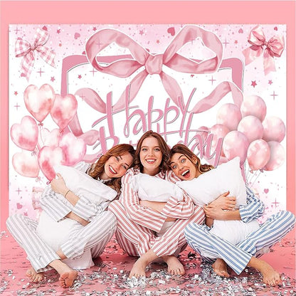 Coquette Pink Bow Happy Birthday Backdrop - Glitter Balloon Banner for Girls & Women - Cute Birthday Party Decorations, Bachelorette Photo Background & Wall Decor 7x5ft