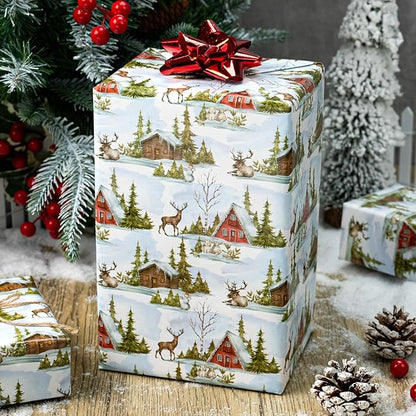 MAYPLUSS Christmas Wrapping Paper Roll - 17 In x 33 Feet - Cute Watercolor Christmas Tree Reindeer Log Cabin Gift Wrap Paper for New Year, Holiday, Kids