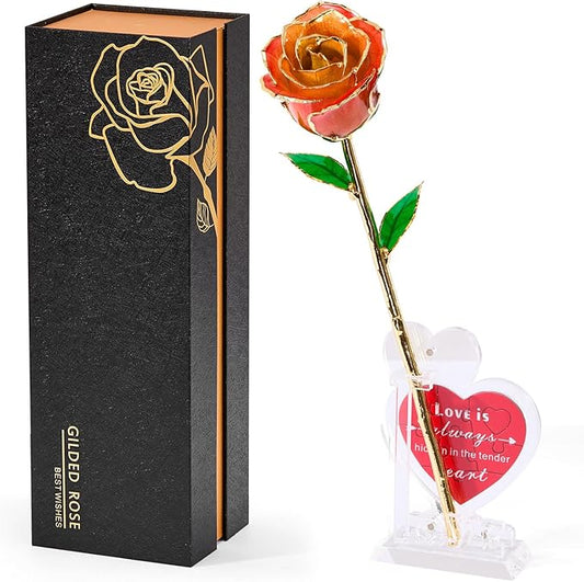 Mikasol Real 24K Gold Dipped Realistic Rose – Timeless Lifelike Bloom with Heart Puzzle Base – Romantic Gradient Orange Flower Gift for Her, Wife, Girlfriend, Mom – Birthday, Anniversary, Mother’s Day
