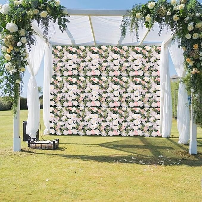 Artificial Flower Wall Panels, Silk Wedding Flower Wall Backdrop Panel, 3D Floral Panel Artificial Floral Wall Mat Flower Screen for Photo Party Wedding Wall Background Decor (6PCS White+Pink)