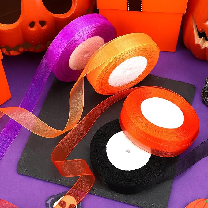 DECYOOL 4 Rolls 200 Yards Halloween Ribbons for Gift Wrapping, 4/5" Wide Halloween Organza Ribbons Orange Purple Black Ribbon for Party Home Decoration DIY Crafts