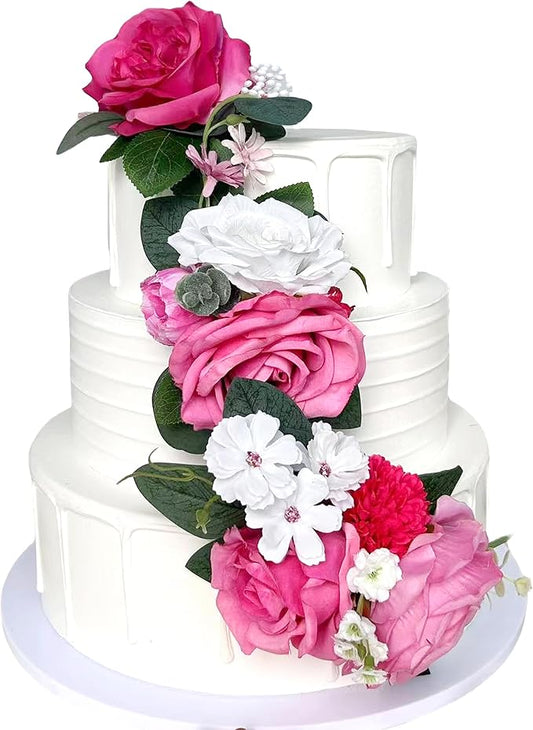 Pre-Made Hot Pink Silk Flowers for Cakes Decorations Fuchsia Light Pink Artificial Rose Peony Wedding Cake Toppers Decorating Fake Floral Anniversary Birthday Party Arrangements Table