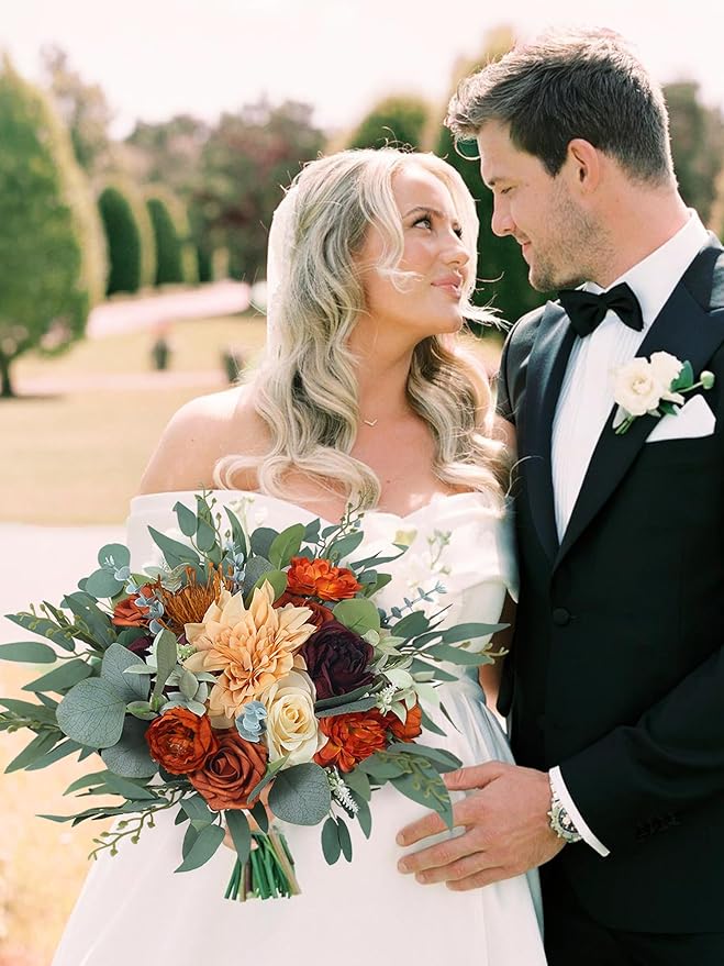 Rinlong Fall Wedding Bouquets for Bride Burnt Orange Bridal Bouquet for Wedding Terracotta Bouquets Boho Artificial Flowers