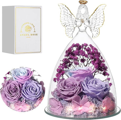 Christmas Rose Gifts for Women Preserved Real Flower in Glass Angel Figurines Roses for Delivery Prime Birthday Gifts for Mom Grandma Girlfriend Wife Her, Multi Purple