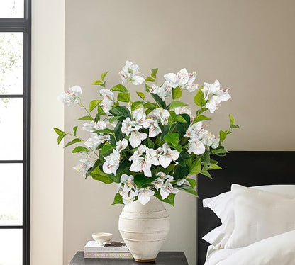 Hollyone 2Pcs Bougainvillea Artificial Flowers Bouquets White Fake Flower Silk Flowers with Long Stem Floral Arrangements Faux Bougainvillea Flower Plant for DIY Wedding Party Centerpieces Home Decor