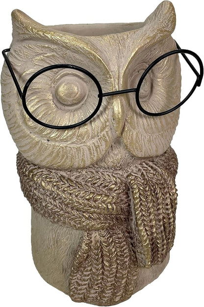 Bespectacled Owl Cement Vase 8.25 Inch – Whimsical Animal Planter with Real Glasses, Knit Textured Scarf, and Gold Metallic Accents, Distressed Taupe Finish, Unique Indoor Decor Gift