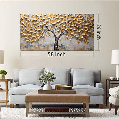 Tree Pictures Wall Decor for Living Room Yellow Canvas Wall Art for Bedroom Large Abstract Wall Art for Office Size 29" x 58"