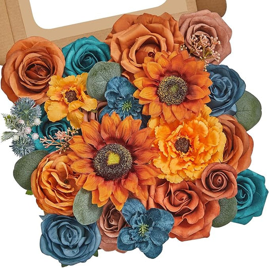Serwalin Artificial Burnt Orange & Teal Flowers, Orange Silk Fake Flowers, Autumn Faux Sunflowers for Wedding Bouquet, Table Centerpieces, Home Decor