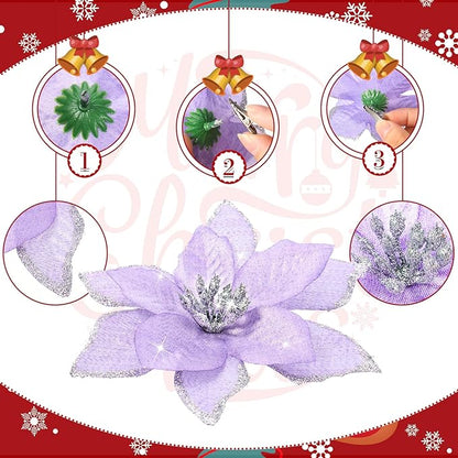 WILLBOND 24 Pcs 3 Size Poinsettia Flower Artificial Christmas Decor Glitter Poinsettia Christmas Ornaments Faux Flowers for Xmas Tree Outdoor(4/6/7.9 Inches,Purple)
