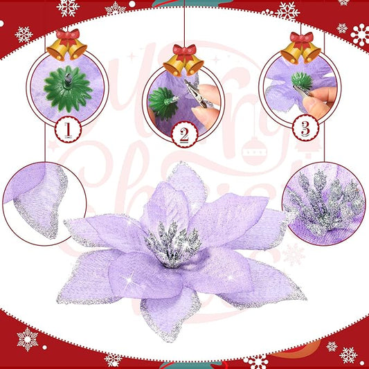 WILLBOND 24 Pcs 3 Size Poinsettia Flower Artificial Christmas Decor Glitter Poinsettia Christmas Ornaments Faux Flowers for Xmas Tree Outdoor(4/6/7.9 Inches,Purple)
