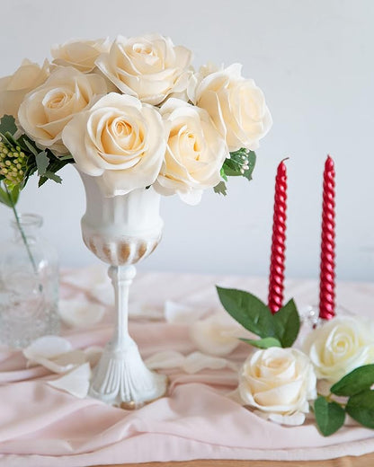 DuHouse 10pcs Fake Roses Artificial Silk Flowers Faux Rose Flower Long Stems Bouquet for Arrangement Wedding Centerpiece Party Home Kitchen Decor (Light Champagne)