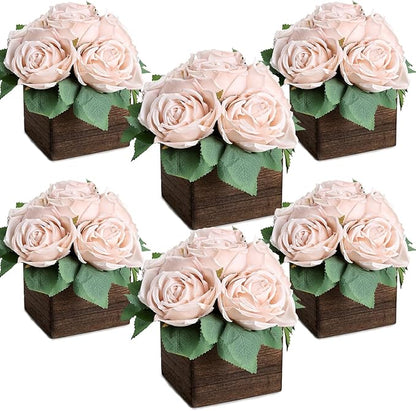Dining Table Centerpiece Set of 6 - Pre-Made Aritifial Rose with Wooden Vase Fake Floral Arrangment Faux Flower for Wedding Bridal Tea Party Event Decorations - Boho