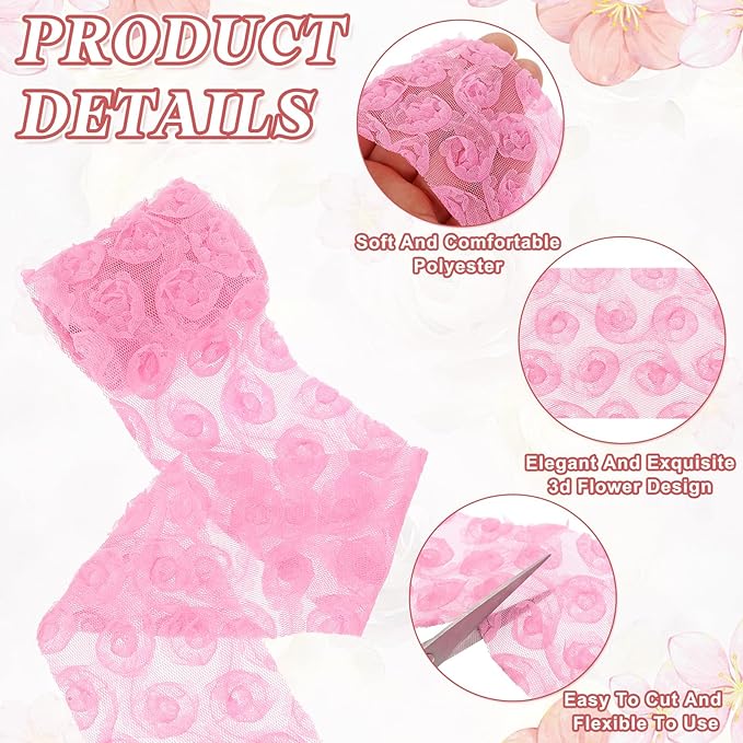 uxcell 2PCS Lace Trim Ribbon, 2.36 inch - 1 Yard 3D Rose Floral Embroidery Ribbons Edge Trimming for Sewing, Wedding Dress, DIY Crafts, Decoration Accessories, Dark Pink