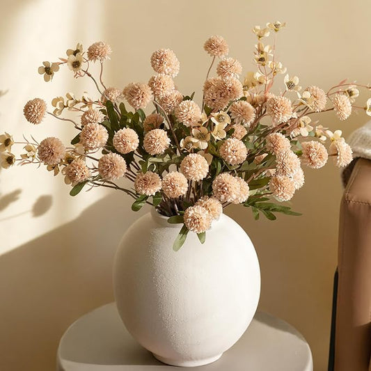 HyeFlora Fake Kiku Flowers,Faux Silk Pompon Mums 40heads Artificial Flowers,Chrysanthemum Stems Floral Arrangement Dried Flowers Vintage Decorative Indoor Home Vase Decor Beige with Wax
