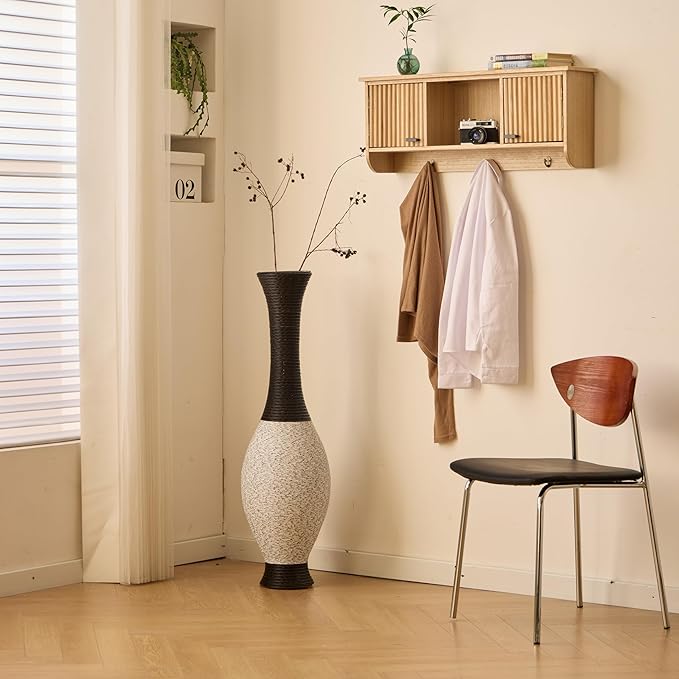 Large Hand-Woven PVC Rattan Look Floor Vase, 39.37 Inch Tall Home Decor Floor Vase for Fake Flower Dried, Farmhouse Decorative Flower Holder for Living Room, Bedroom, Dining Room, Entryway, Hallway