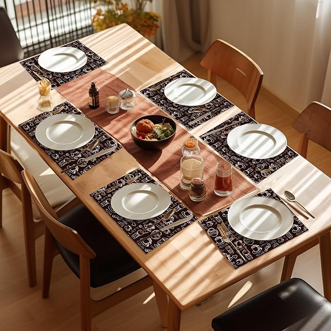 Coffee Placemats Set of 6,Washable Heat Resistant 12×18 Inch Linen Table Mats Funny Place Mats for Party Outdoor Dining Décor