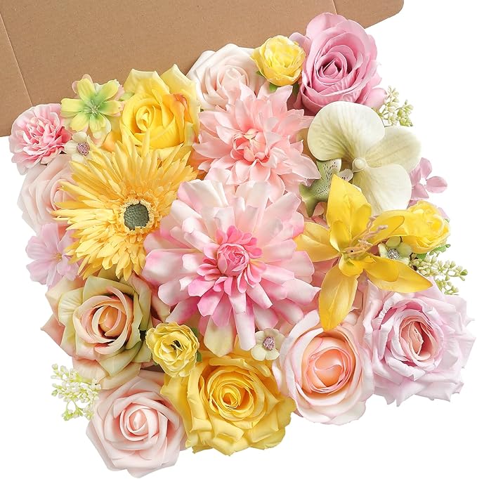 Yellow Pink Artificial Flowers Combo Set Fake Flower Leaf Box with Stemst for DIY Wedding Bridal Bouquet, Centerpieces, Home Decor, Floral Arrangement Decor