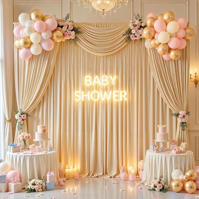 gogoparti 40ft x 12ft Beige Wrinkle-Free Backdrop Curtain for Wedding Parties, Thick Polyester 4 Panels 5x12ft for Wedding Birthday Baby Shower Halloween Photography Party Background