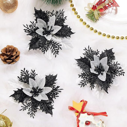 15Pcs Christmas Poinsettia Artificial Flowers Decorations, Glitter Poinsettia Christmas Tree Ornaments, Black Tree Flowers for Xmas/Wedding/Holiday/Wreath/Garland Decor, with Cilps, 5.5 Inch
