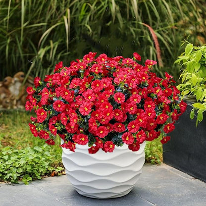 Artificial Outdoor Flowers 16 Bundles Fake Morning Glory Flower Outdoor UV Resistant Plastic Faux Flowers Plants for Decoration Indoor Outdoor Hanging Window Box Planter Home Porch Decor (Red)