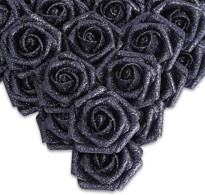 IPOPU Black Glitter Roses,50PCS Fake Roses Glitter Flowers for Crafts DIY Wedding Bouquet Home Party Decoration(Black)