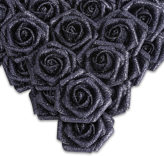 IPOPU Black Glitter Roses,50PCS Fake Roses Glitter Flowers for Crafts DIY Wedding Bouquet Home Party Decoration(Black)