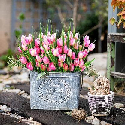 8 Bundles Outdoor Artificial Tulips Fake Flowers UV Resistant Faux Plastic Greenery Shrubs Plants for Home Outside Garden Porch Window Farmhouse Decor (Light Pink)